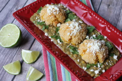 Creamy Salsa Verde Lentils with Sweet Corn Cakes