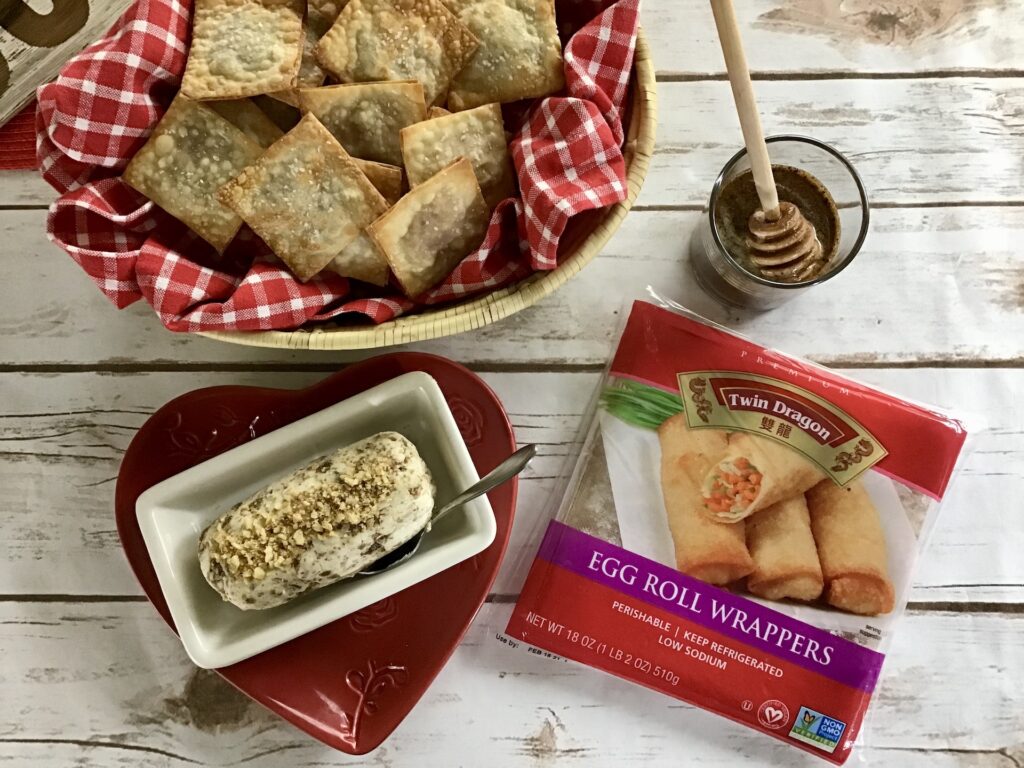 Walnut Egg Roll Crackers with Fig Goat Cheese and Warm Spiced Honey