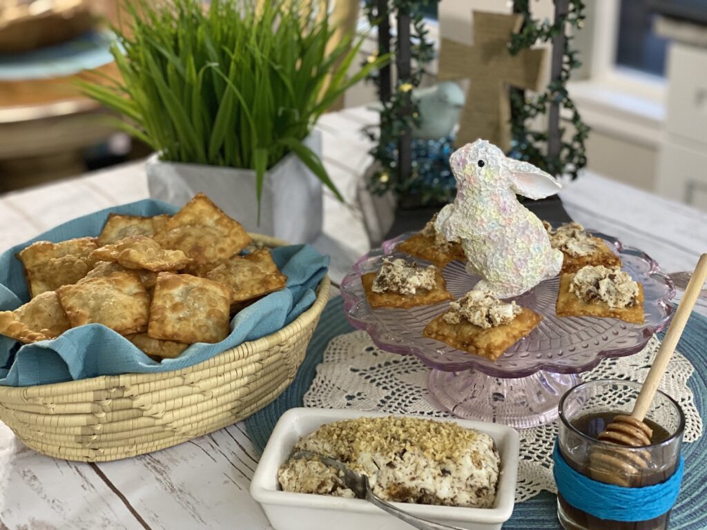 Walnut Egg Roll Crackers with Fig Goat Cheese and Warm Spiced Honey