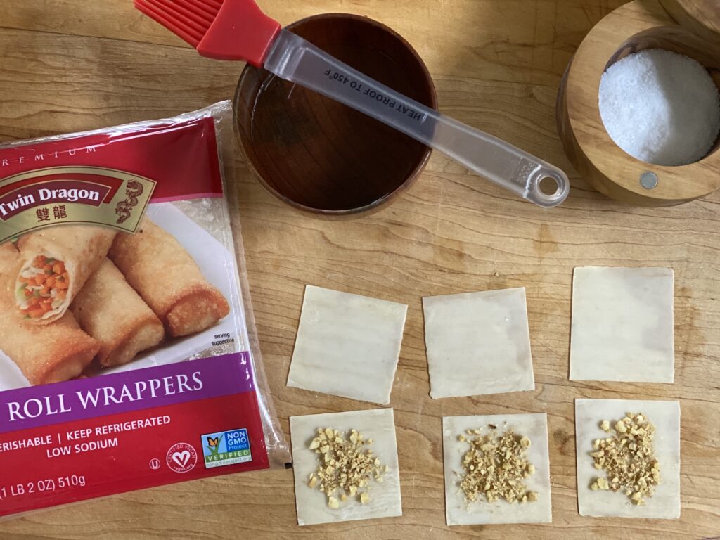 Walnut Egg Roll Crackers with Fig Goat Cheese and Warm Spiced Honey