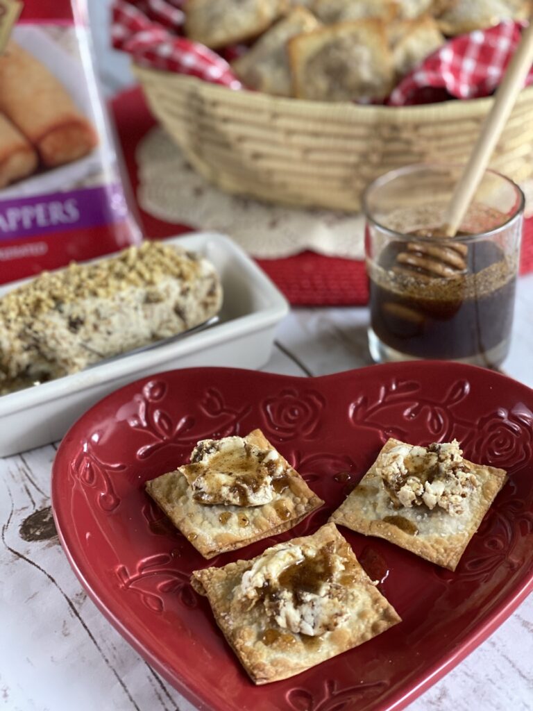 Walnut Egg Roll Crackers with Fig Goat Cheese and Warm Spiced Honey