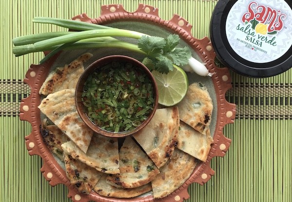 Salsa Verde Scallion Pancakes with Sweet Chili Verde Dip