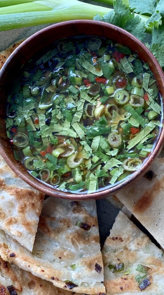 Salsa Verde Scallion Pancakes with Sweet Chili Verde Dip