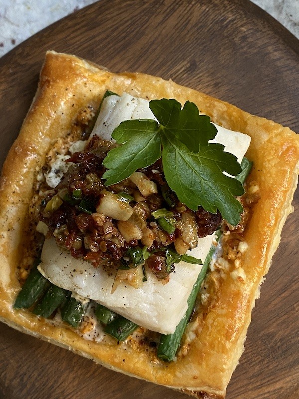 Pastry Cod and Green Beans with Sun Dried Tomato Relish