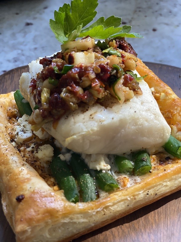 Pastry Cod and Green Beans with Sun Dried Tomato Relish