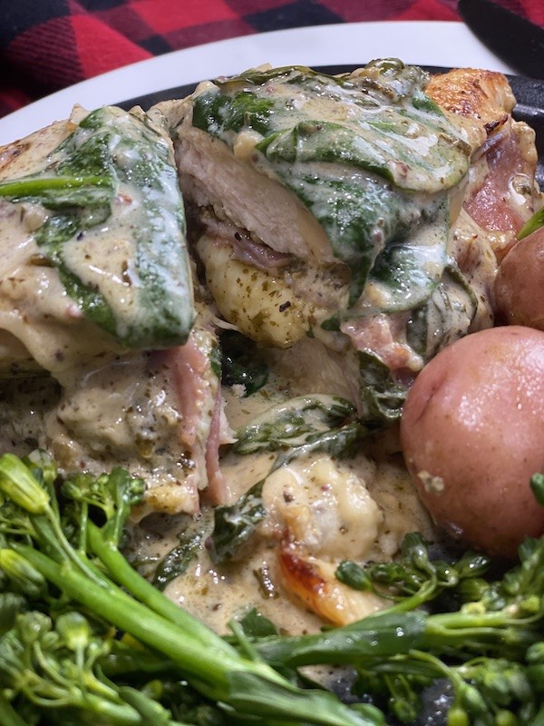 Foraged and Found Stuffed Chicken with Sea Asparagus Pesto Mustard Sauce