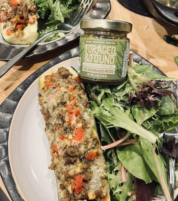  Italian Sausage and Sea Asparagus Pesto Stuffed Zucchini 