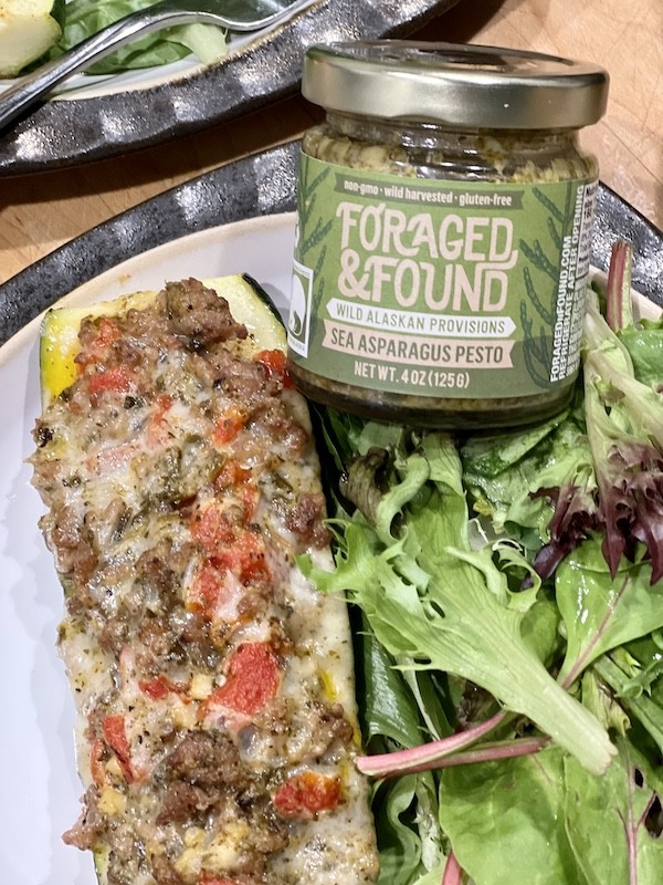  Italian Sausage and Sea Asparagus Pesto Stuffed Zucchini 