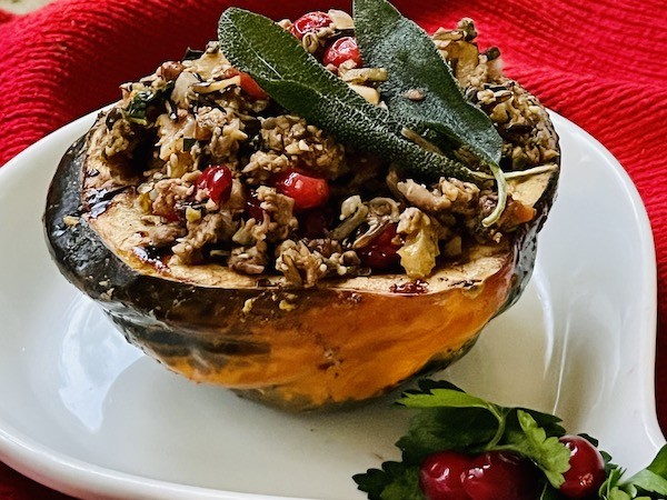 Acorn squash with vegan the stuffing.