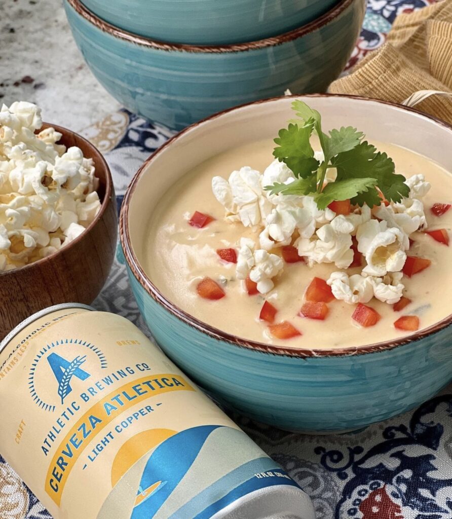 Creamy Poblano and Hominy Beer Cheese Soup