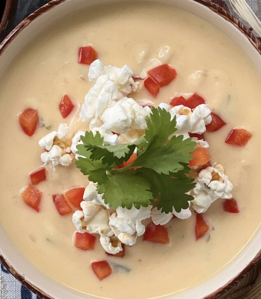 Creamy Poblano and Hominy Beer Cheese Soup