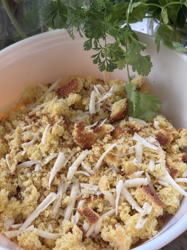 White Chicken Chili and Cornbread Pot Pie with Cilantro Lime Chimichurri