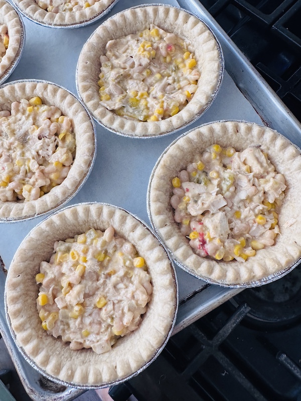 White Chicken Chili and Cornbread Pot Pie with Cilantro Lime Chimichurri