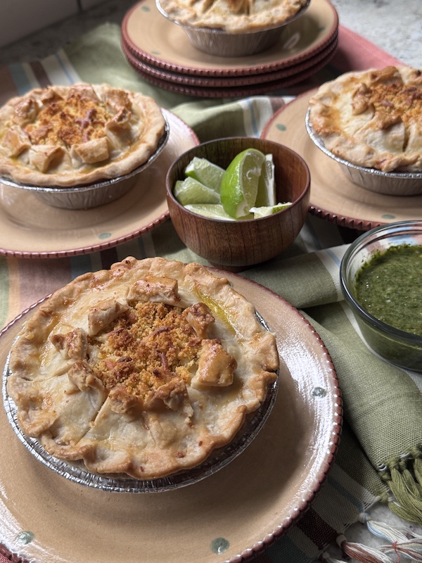 White Chicken Chili and Cornbread Pot Pie with Cilantro Lime Chimichurri