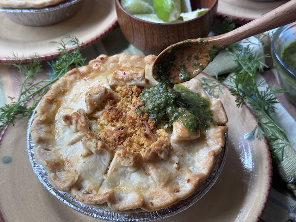 White Chicken Chili and Cornbread Pot Pie with Cilantro Lime Chimichurri