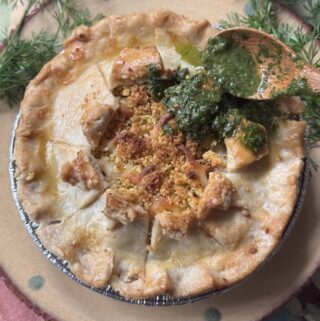 White Chicken Chili and Cornbread Pot Pie with Cilantro Lime Chimichurri