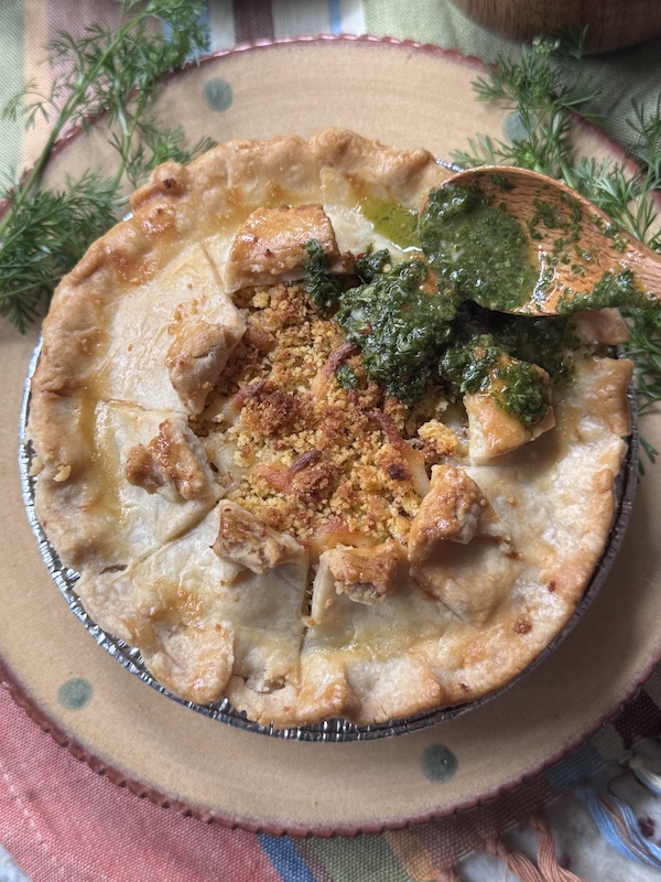 White Chicken Chili and Cornbread Pot Pie with Cilantro Lime Chimichurri